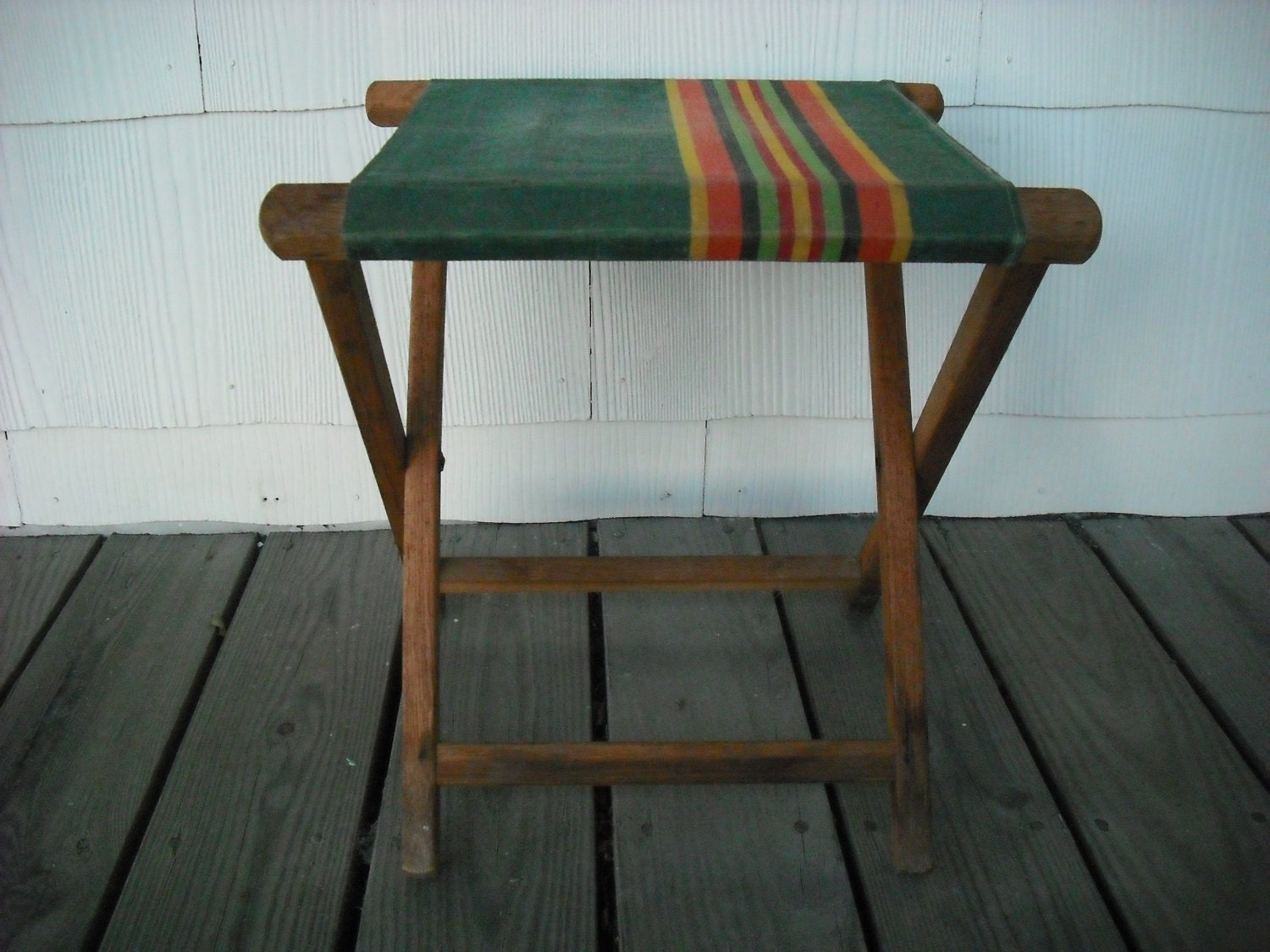 Vintage Camping Stool Seat Canvas Folding Wood by accentonvintage