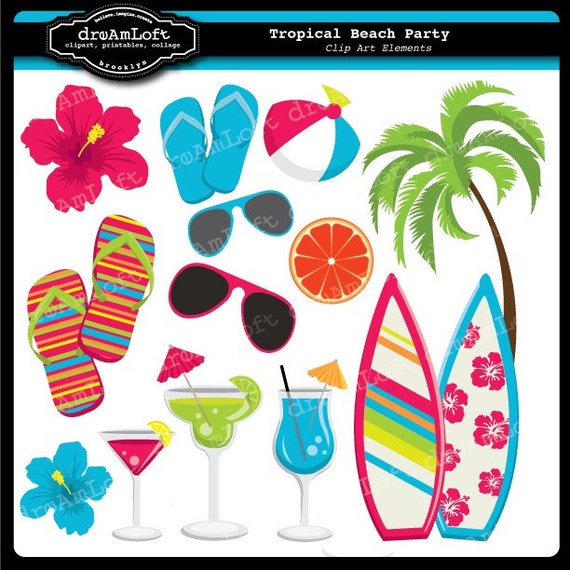 Tropical Beach Party Collection Clip Art Elements for cards