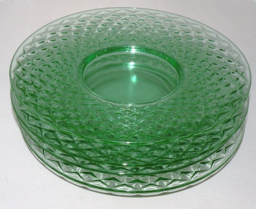 four-beautiful-8-inch-green-diamond-quilted-depression-glass