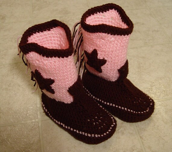 Handmade Crochet Western Cowboy Cowgirl Boots Slippers Brown