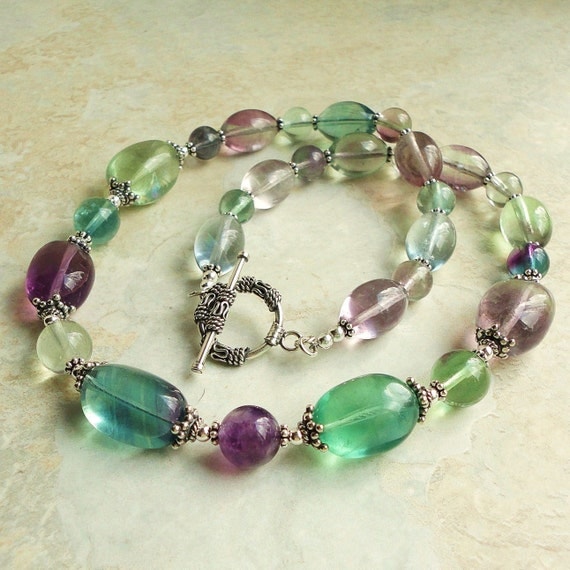 Rainbow Fluorite Chunky Nugget NECKLACE Bali Sterling Silver