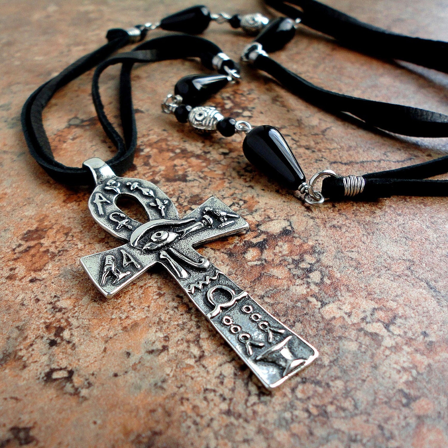 Mens Long Leather Necklace Egyptian Ankh Cross Pendant with