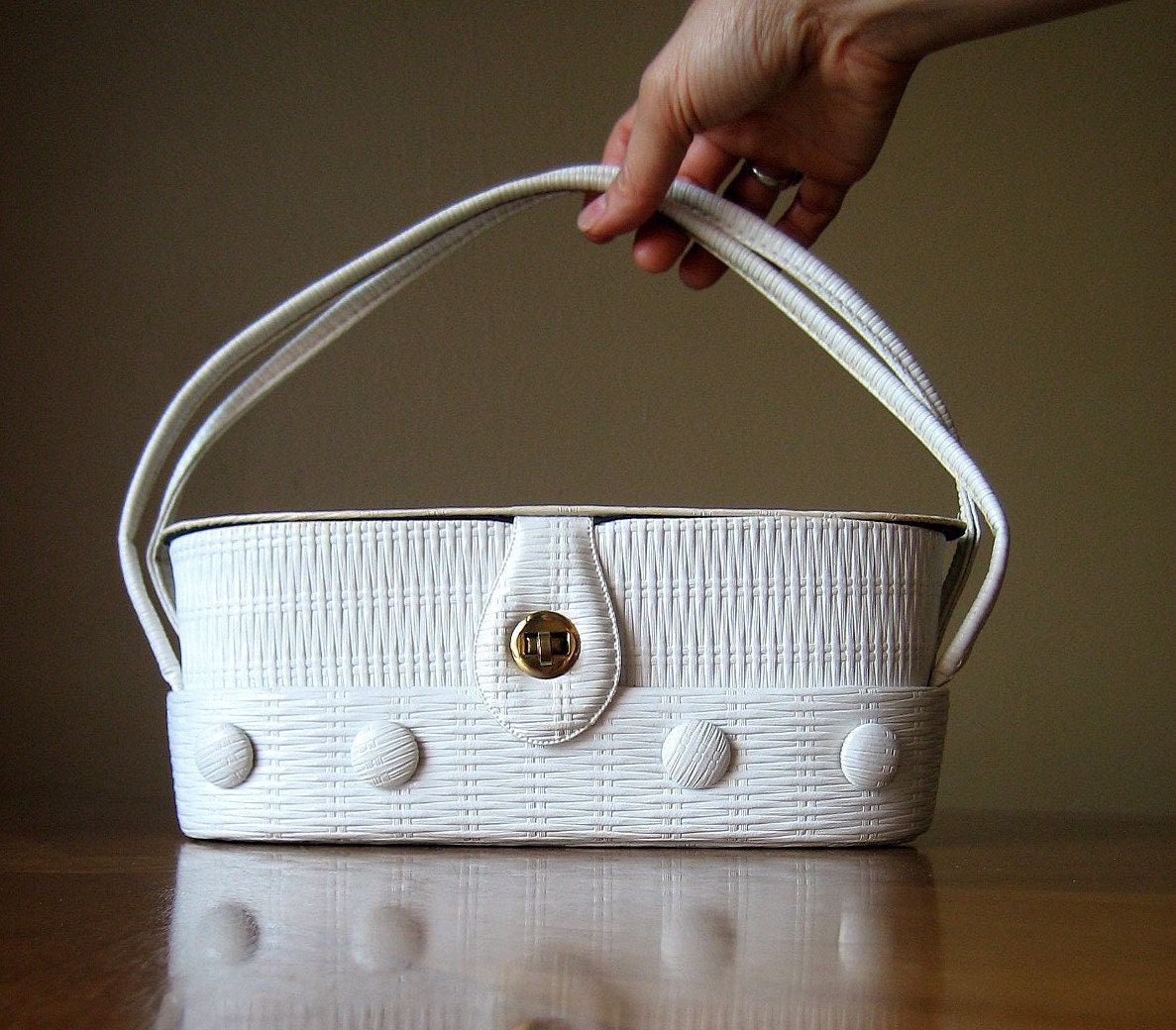 White Faux Straw Box Purse with Mirror 60s by AttysVintage on Etsy