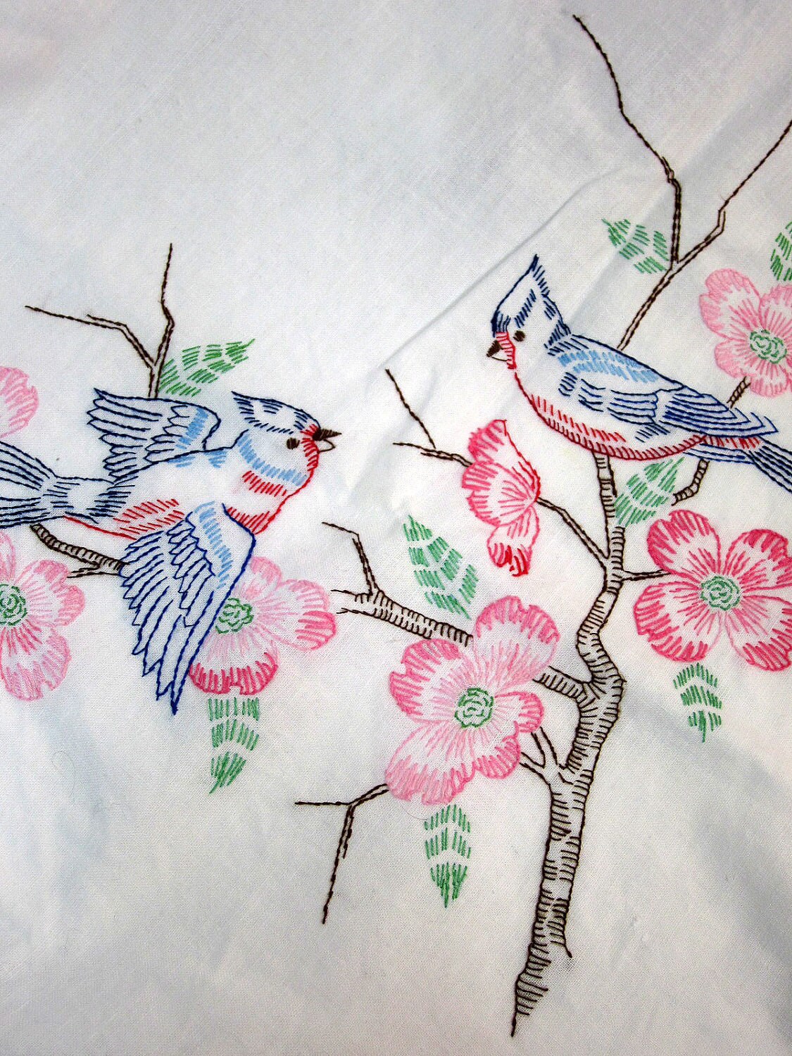 Vintage Linen Embroidered Blue Birds Table Cloth