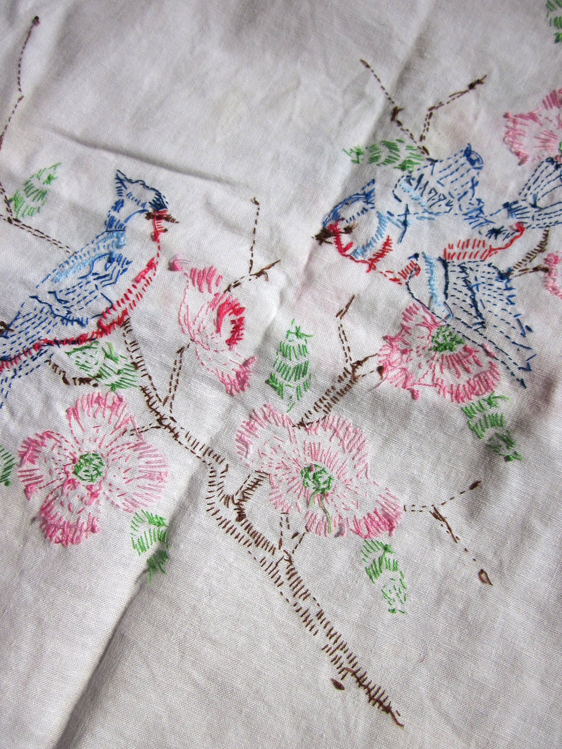 Vintage Linen Embroidered Blue Birds Table Cloth