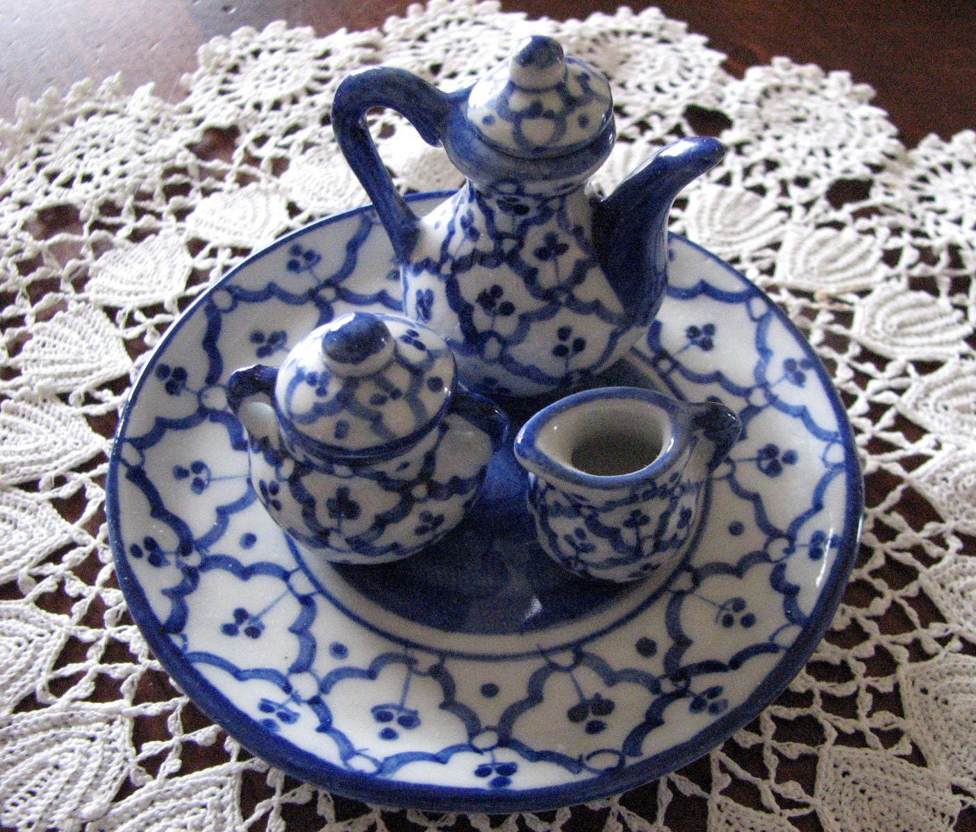 Vintage Mini Tea Set Antique Blue White Flow Blue Design