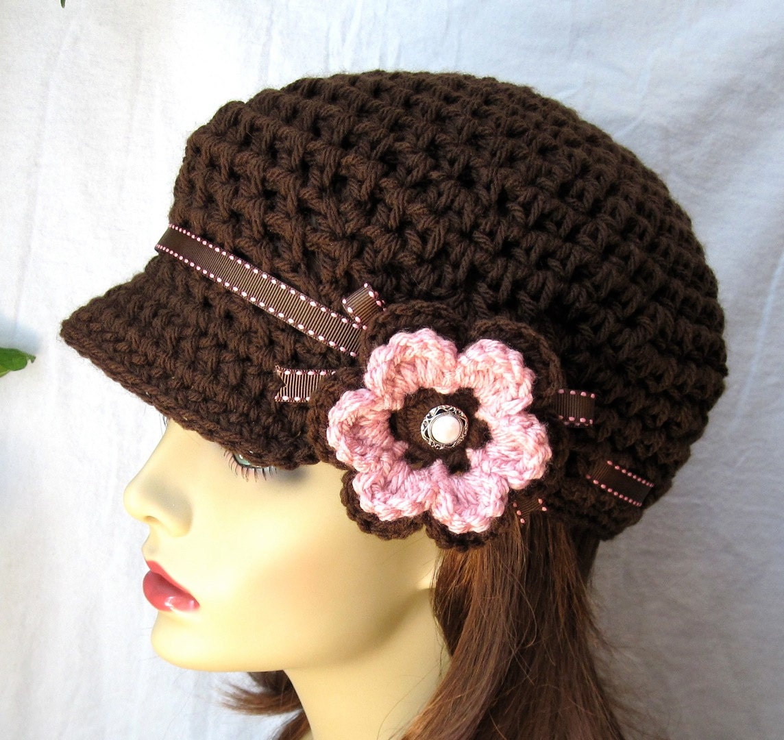 Chocolate Brown Womens Hat Flower Newsboy Teen Mocha