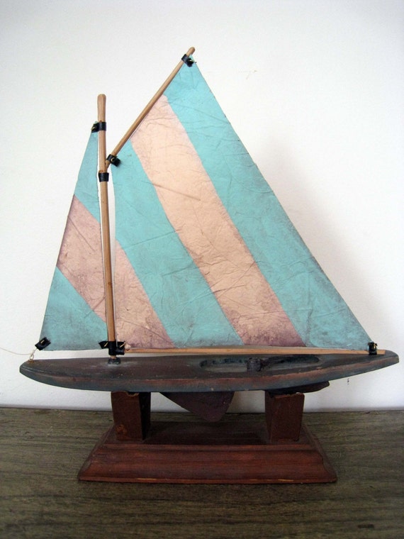 Vintage Wooden Model Ship SailBoat With Stand