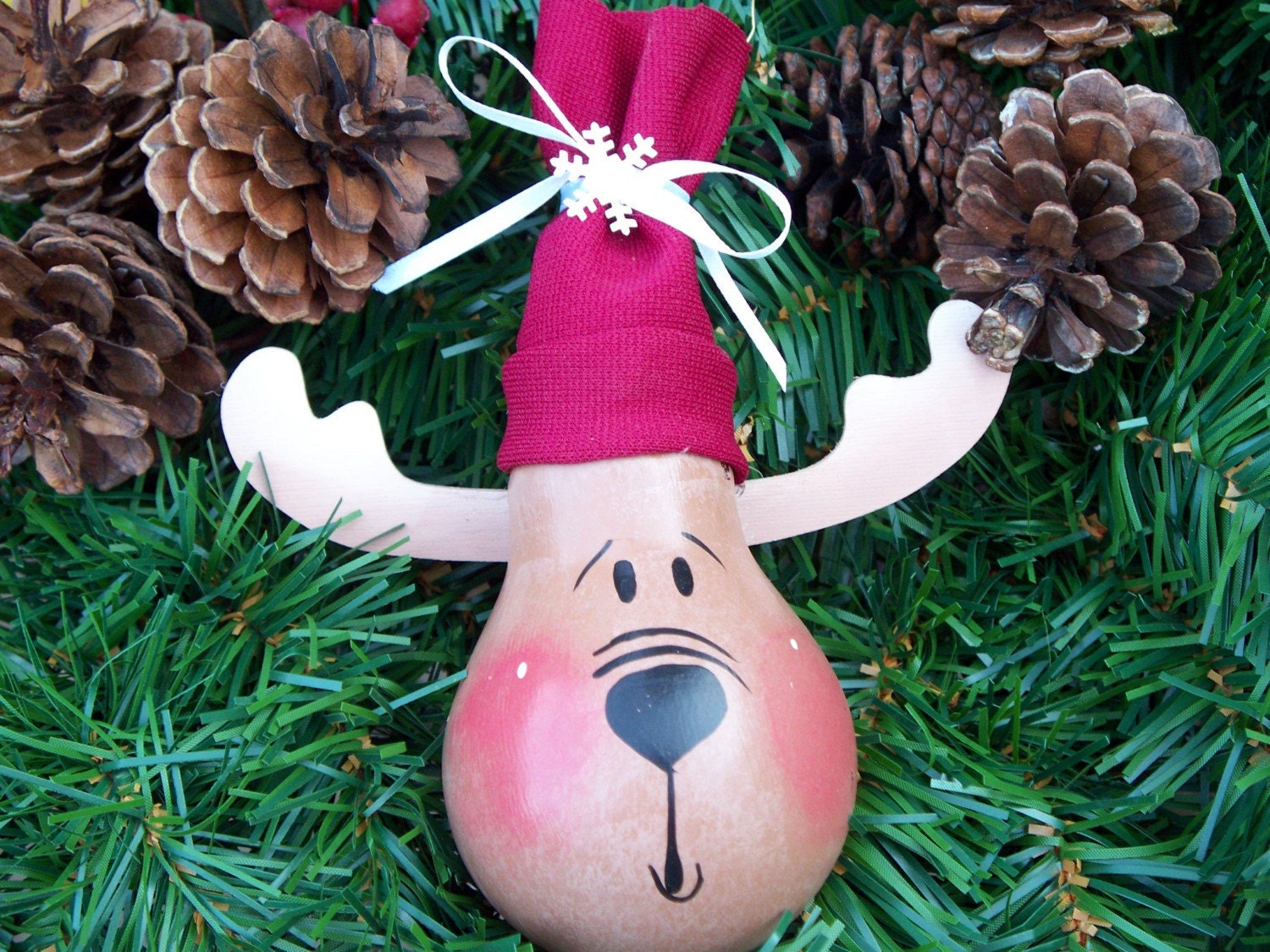 Hand Painted Reindeer Christmas Light Bulb Ornament