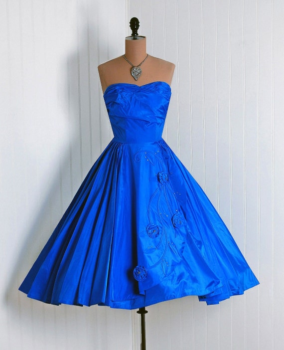 Items Similar To 1950's Vintage Royal-blue Sculpted Taffeta-couture 