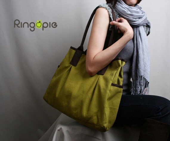 Sale 20%OFF-Green and Brown Piping Canvas Tote/shoulder bags/handbags/school bags/purse/laptop bag/purse/diaper bags/women/For Her -044