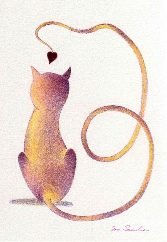 Love Cat Original Drawing Stylized Cat by artofjane on Etsy