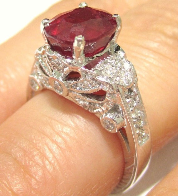 Antique style oval cut red RUBY & Diamonds engagement ring