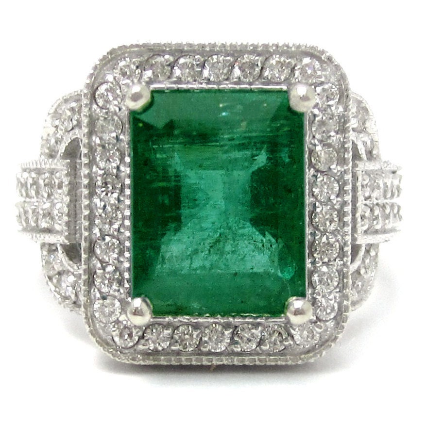 Antique style EMERALD cut Emerald & Diamonds engagement ring