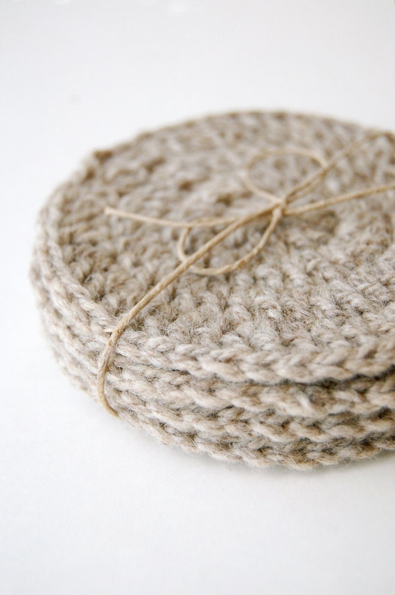 Crocheted Wool Coasters Set of Four Natural Undyed Wool