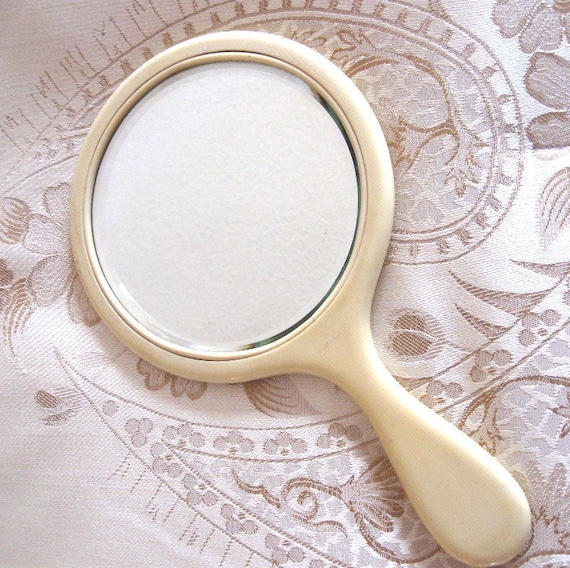 Vintage Celluloid Faux French Ivory Hand Mirror Beveled
