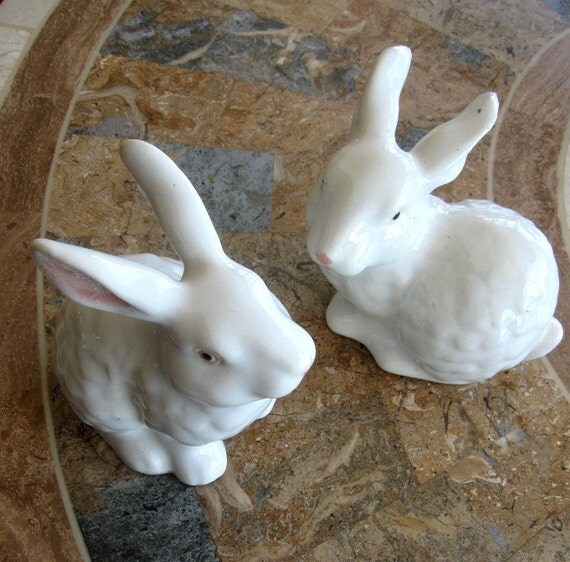 Vintage Pair Ceramic Easter Bunny Rabbits White Figurines