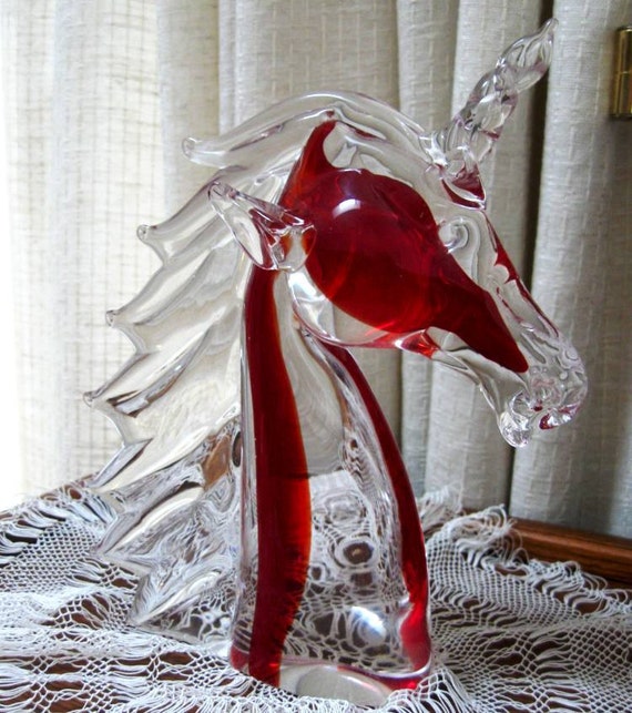 Vintage Unicorn Figurine Murano Glass Horse Head Crystal Red