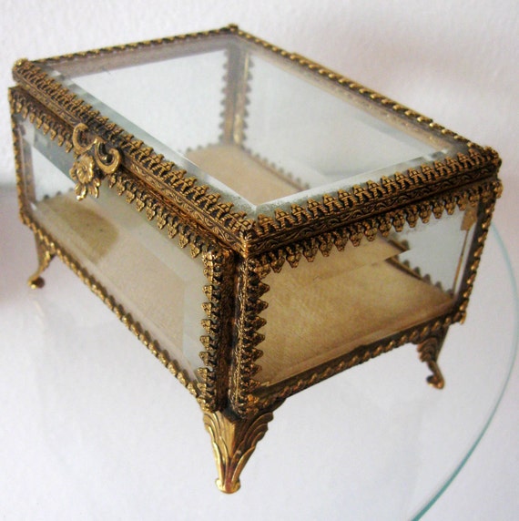 Vintage Brass Beveled Glass Box Filigree Gold Casket Box