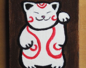 Happy Cat small painting and collage on wood block