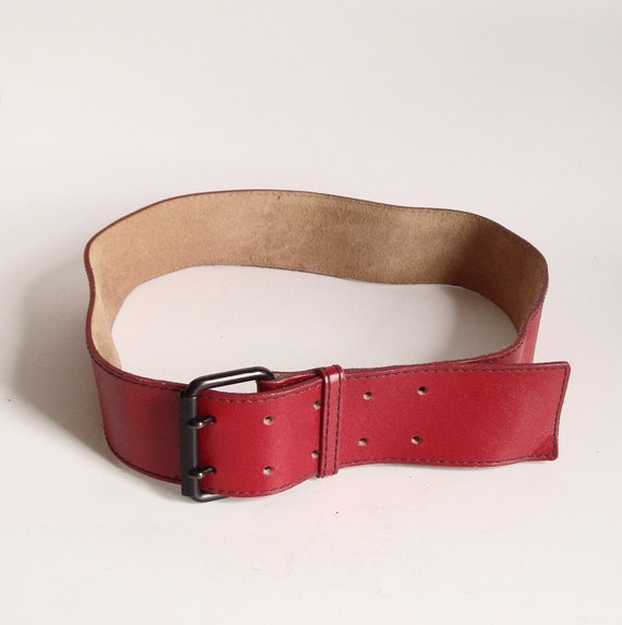 Vtg Bright Red Leather Belt. wide. double by OldBaltimoreVintage