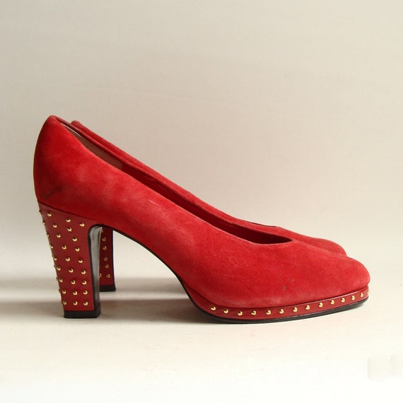 shoes 7.5 / red suede heels / studded 90s heels / gold stud pumps ...