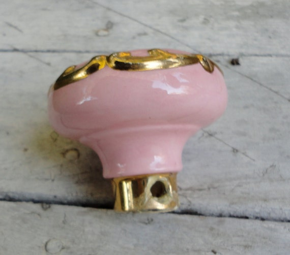 Vintage Pink and Gold Ceramic Door Knob. Hand painted flowers.