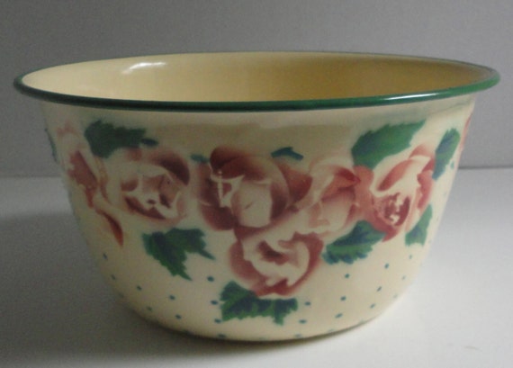 Vintage Enamel Bowl with Roses.