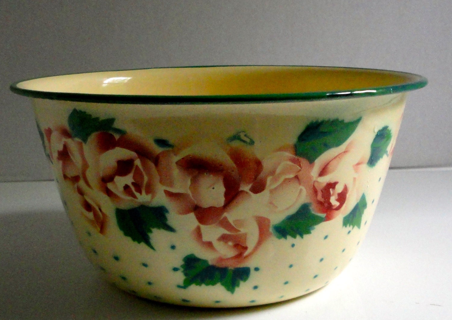 Vintage Enamel Bowl with Roses.
