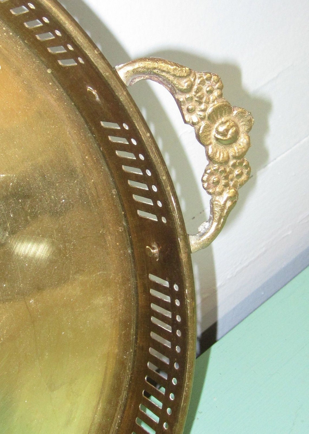 Vintage Brass Serving Tray with Floral Handles