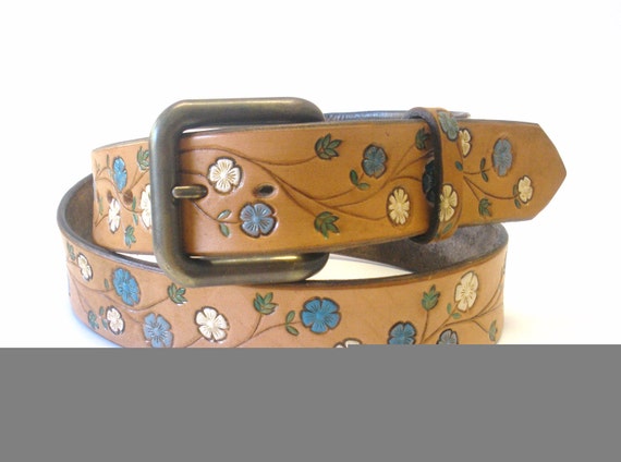 Tan Brown Leather Belt with Blue and Cream Hand Stamped
