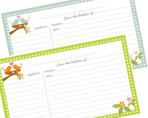 Birds 3X5 Printable Recipe Cards Digital File Instant