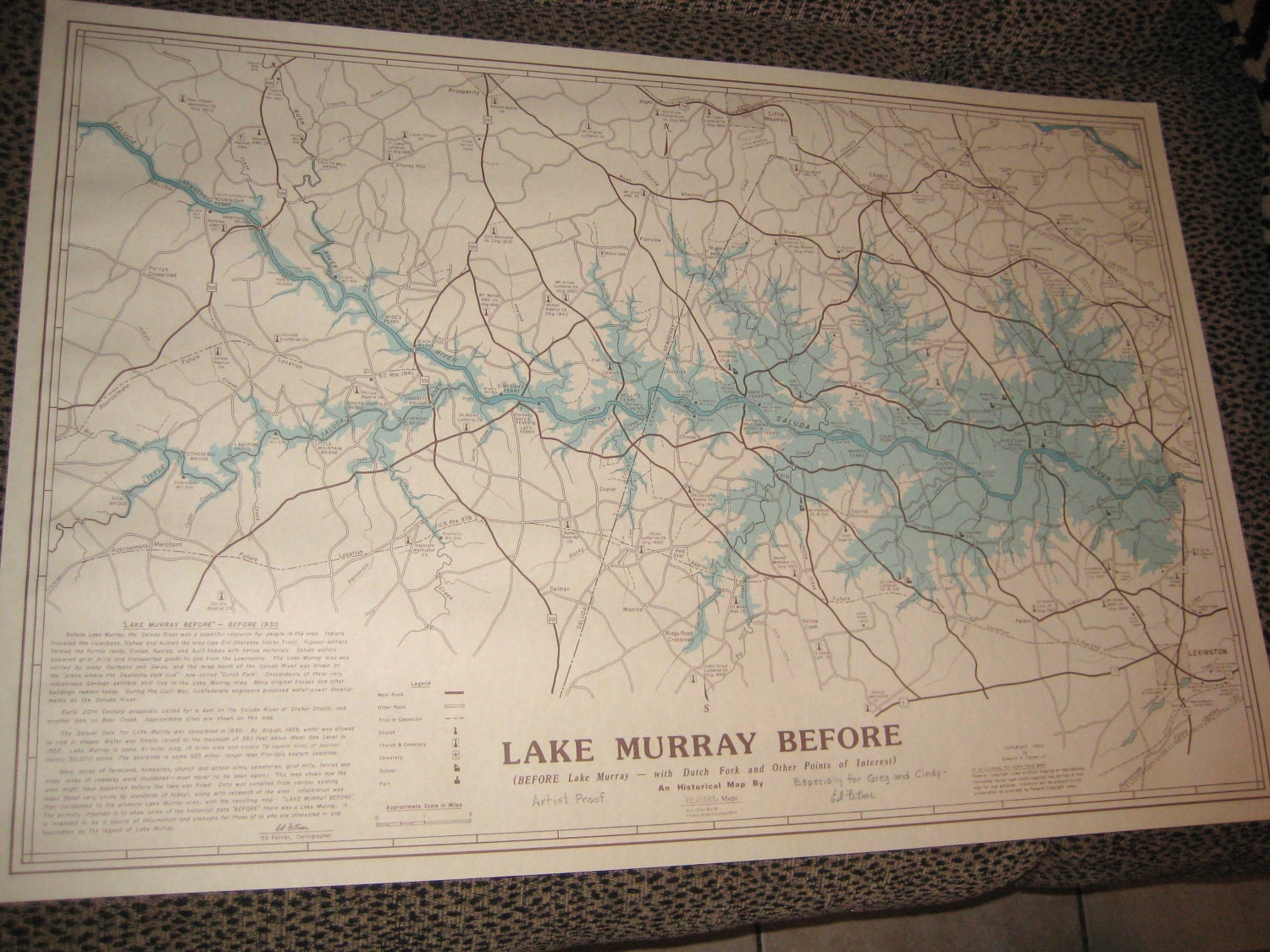 Artist Proof Map of LAKE MURRAY Hand Signed by Cartographer Ed