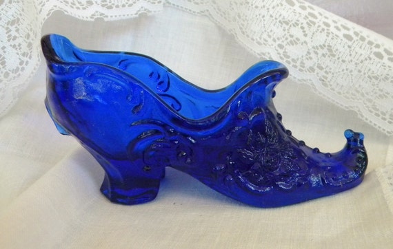 Vintage Glass Slipper Shoe Cobalt Blue Fenton Style