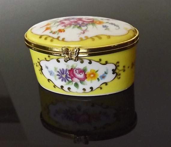 Vintage Trinket Box Yellow Floral Porcelain Hand Painted