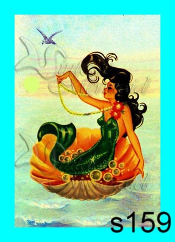 vector girl vintage Block Postcard MERMAID Fabric VINTAGE Mermaid s159 PINUP