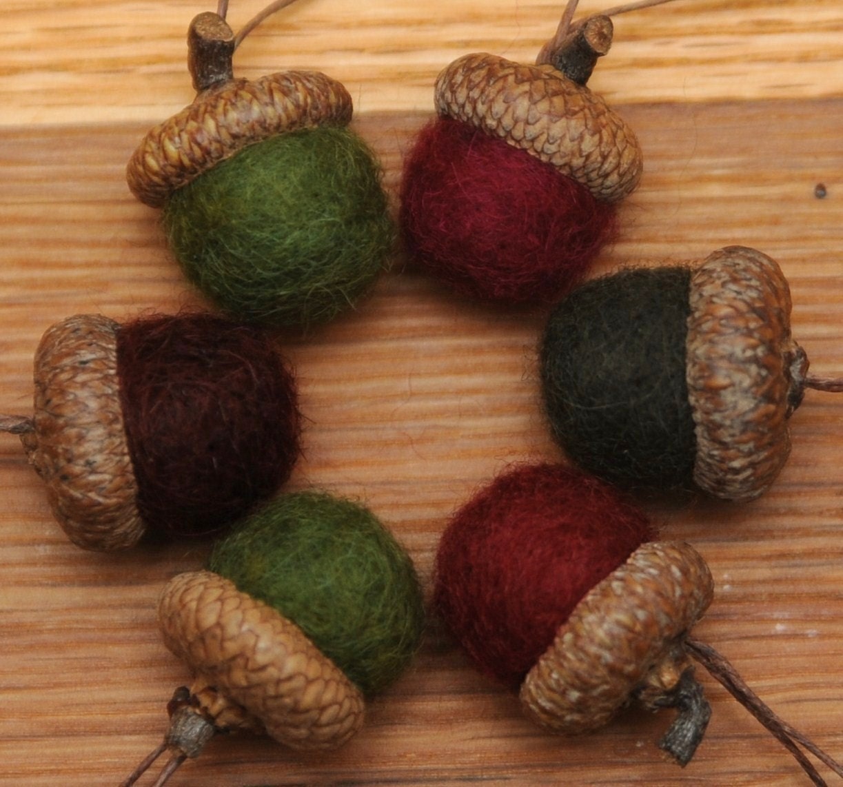 Felted Wool Acorns Red and Green, Set of 6 Ornaments, also available without hangers