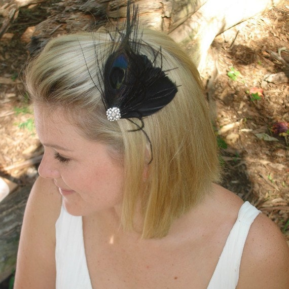 Black peacock feather fascinator hair clip with vintage