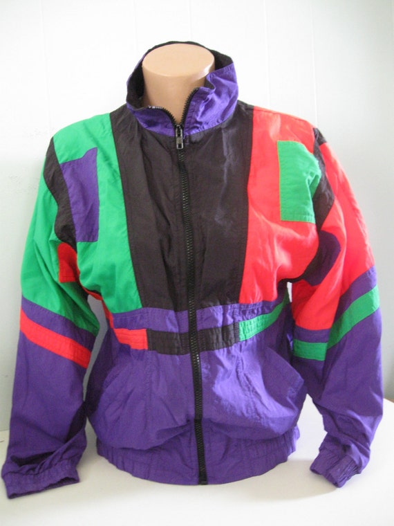 Vintage 80s 90s Windbreaker Ladies Jacket Neon Black Purple