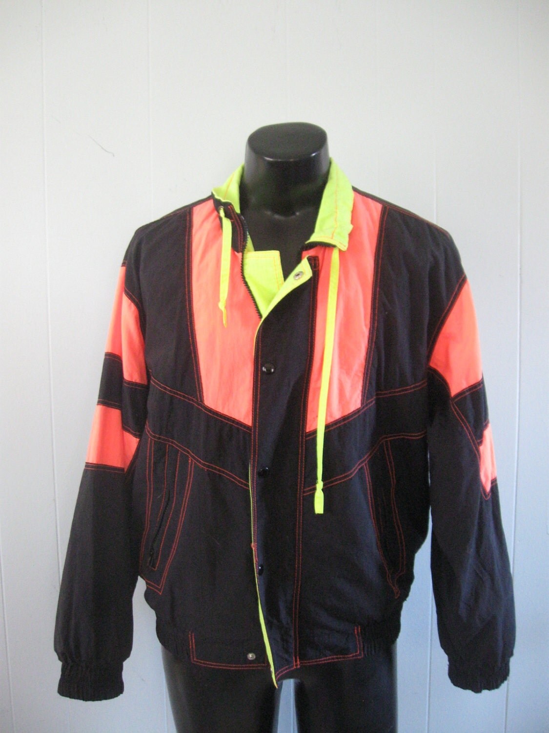 80s 90s Neon Windbreaker Jacket Mens Yellow Black Orange LARGE