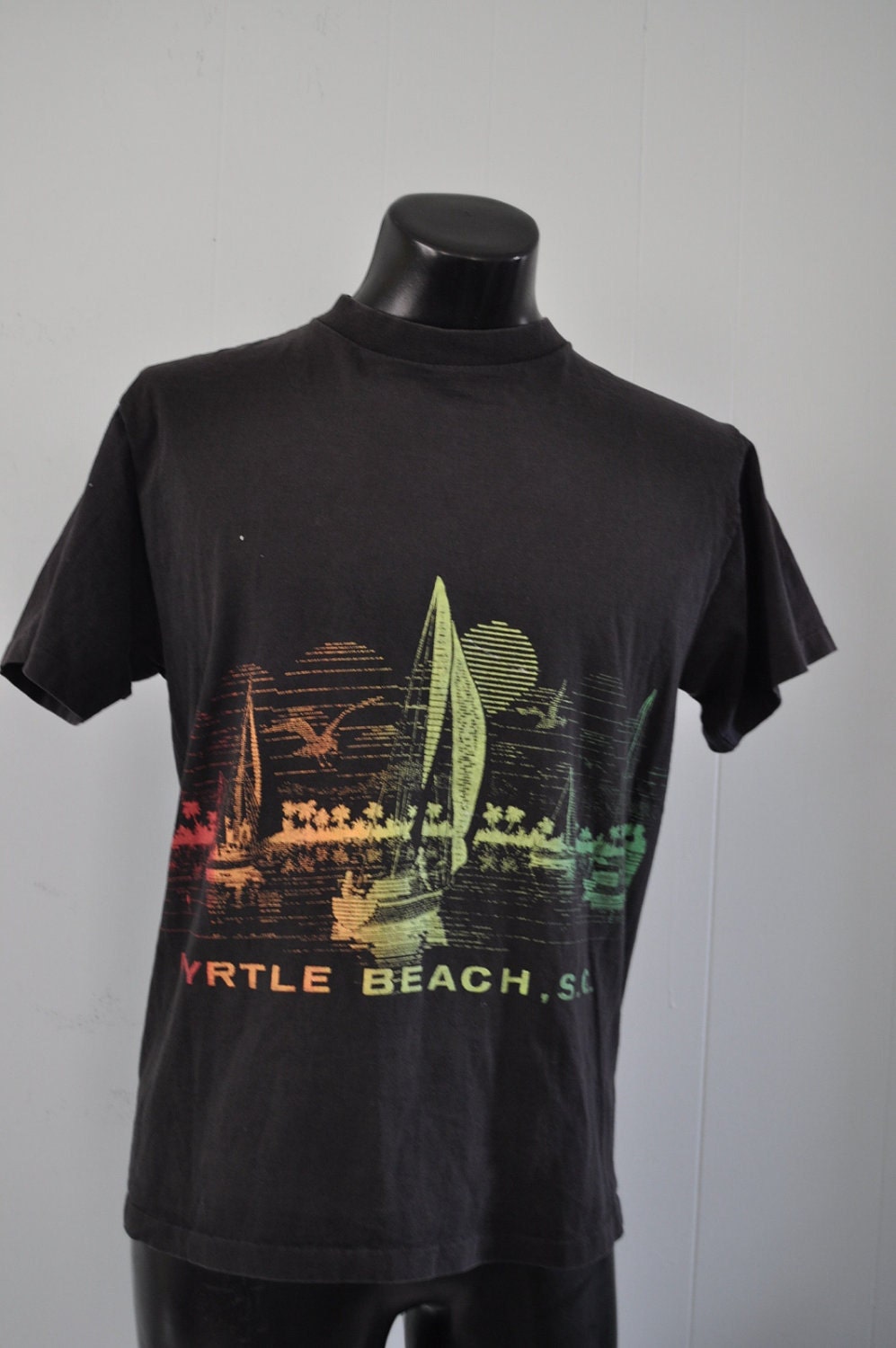 Vintage Tshirt Myrtle Beach Ocean Pacific OP Black Faded Neon