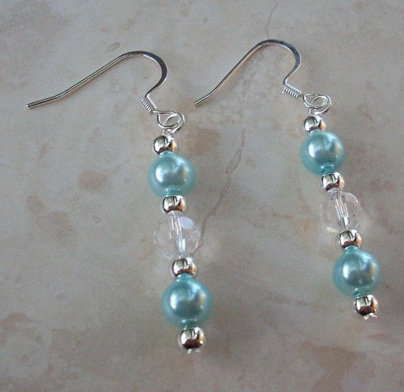 Aqua Blue Pearl and Crystal Earrings