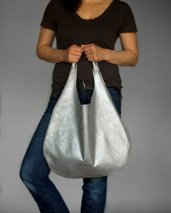 Items similar to silver grey leather hobo bag on Etsy