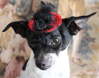 Cute red color mini hat with feather and flowers for dog or cat