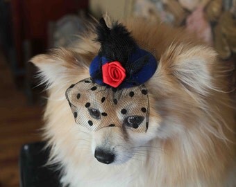 Cute blue color mini hat with feather and flowers for dog or cat
