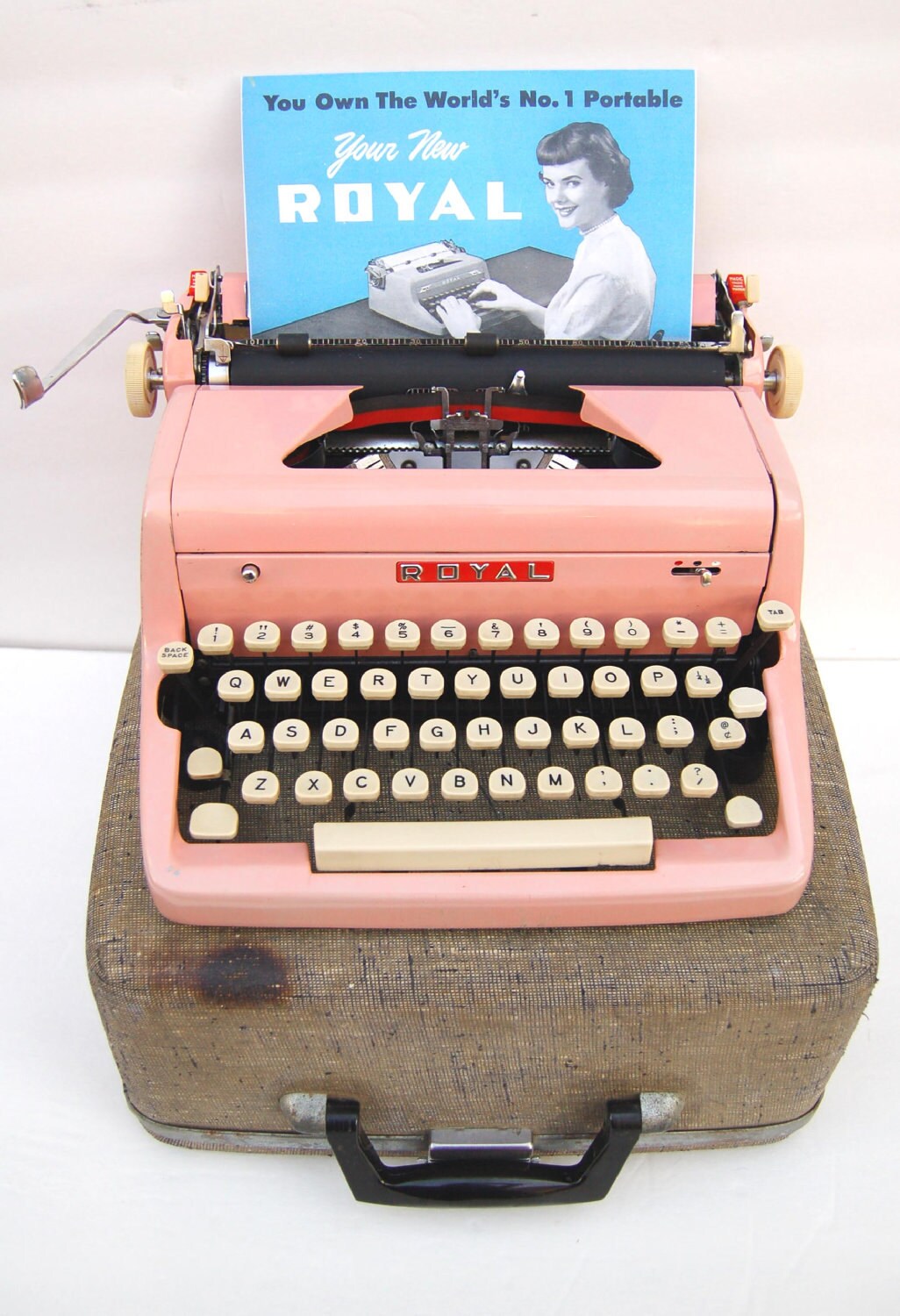 Pink 1950s Royal Typewriter with Case and Owners Instruction