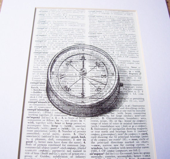 Art Print. Compass. Vintage Dictionary Page. Art by dspdavey