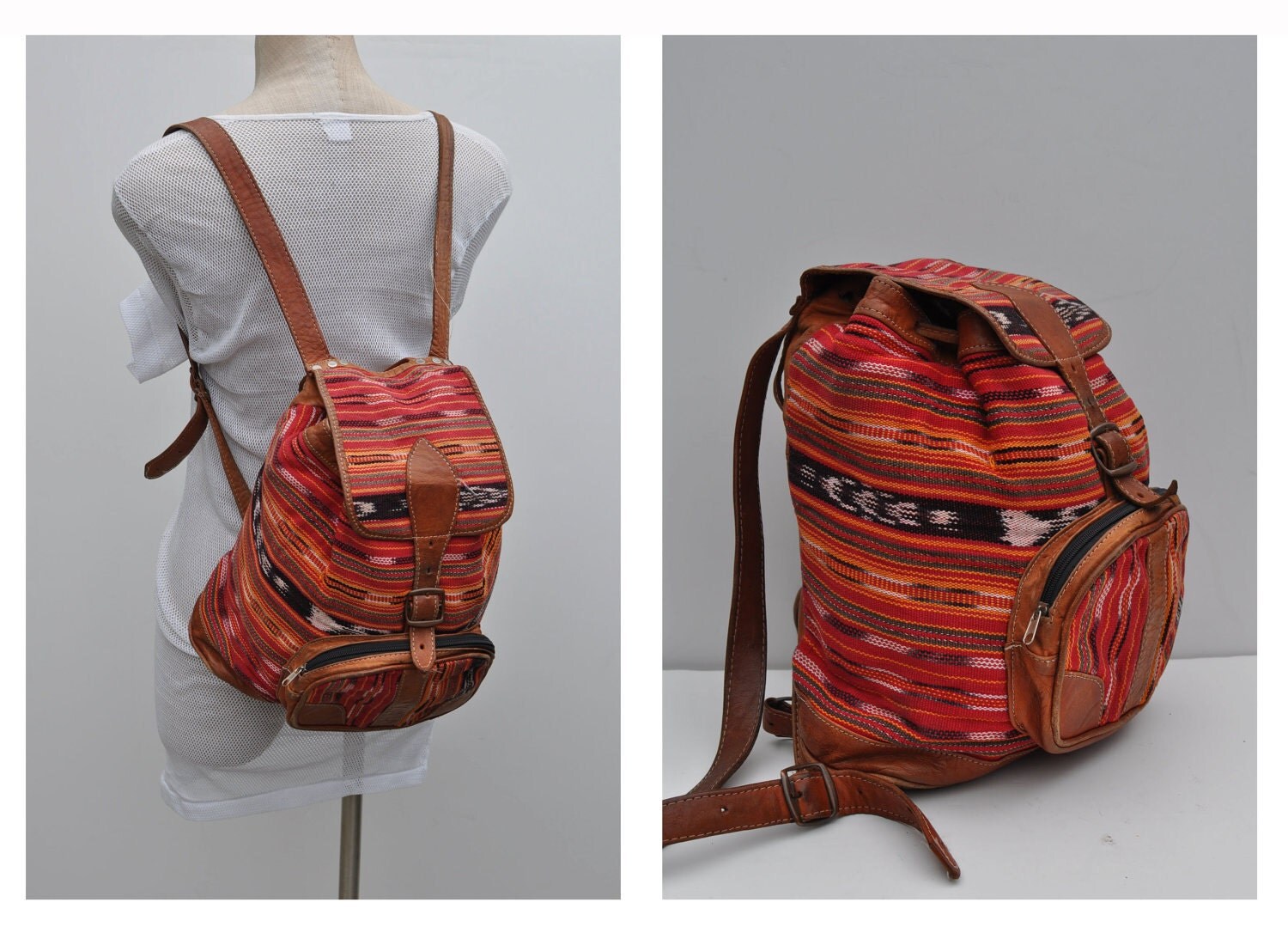 NATIVE american indian vintage fabric leather BACKPACK tote