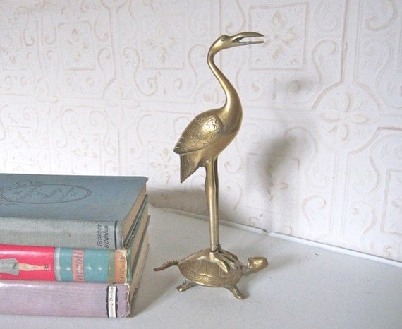 Vintage Brass Crane Bird standing on Turtle