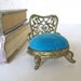 Vintage Pin Cushion Chair, Ornate Brass Design, Blue Velvet Seat Boudoir Chair Pincushion by Sam Fink signed SF